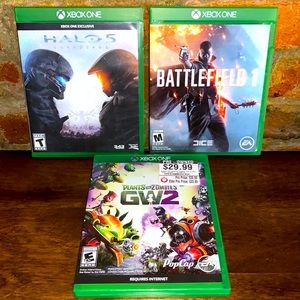 Used Xbox one games. HALO 5, BATTLEFIELD 1 and PLANTS VS. ZOMBIES GW2.